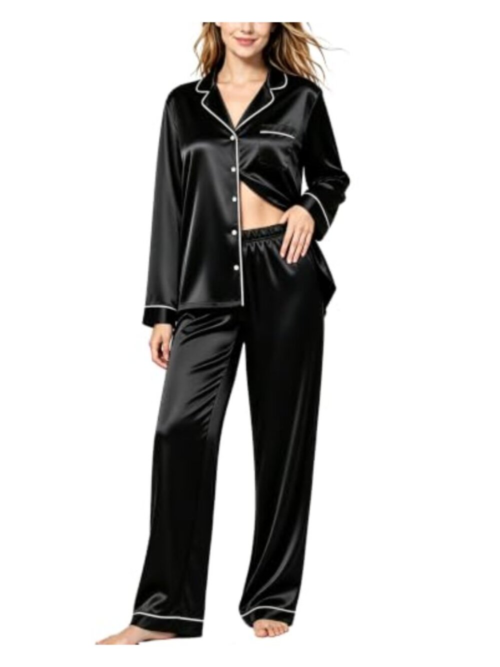 Satin Silk Pajama Set Long Sleeve Button Down Two Piece Loungewear